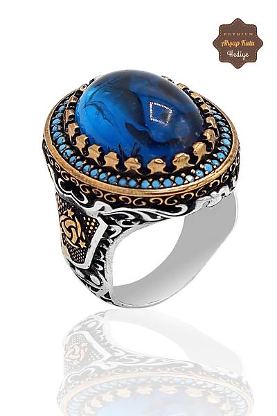 Safir ve Mikro Firuze Tal 925 Ayar Gm Erkek Yzk 201023778
