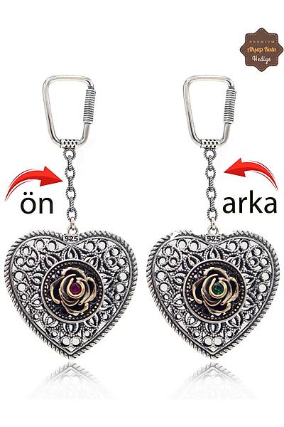 Yakut ve Z�mr�t Ta�l� Kalp Model �ift Tarafl� Oksitli G�m�� Telkari Anahtarl�k 201025186