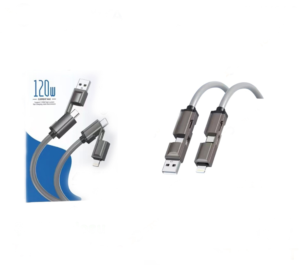 120W 4'ü 1 Arada Typec Usb Lightning Gri Silikon Şarj Kablosu 1.5 Metre Şarz Aleti