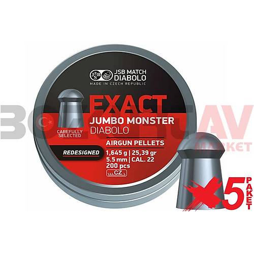 JSB Diabolo Exact Jumbo Monster (Redesigned) 5,52 mm 5 Paket Haval Tfek Samas (25,39 Grain - 1000 Adet)