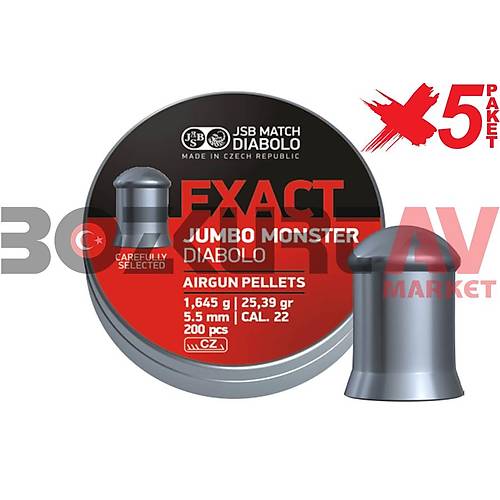 JSB Diabolo Exact Jumbo Monster 5,52 mm 5 Paket Haval Tfek Samas (25,39 Grain - 1000 Adet)