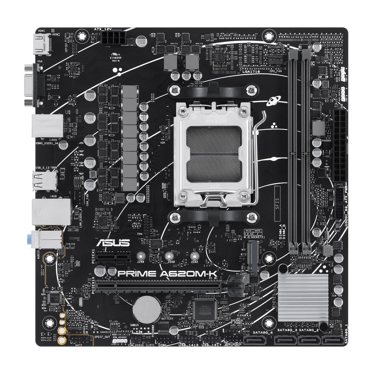 ASUS MB PRIME A620M-K AMD A620 AM5 DDR5 6400 HDMI VGA M2 USB3.2 AURA RGB mATX 96GB kadar ram desteği ASUS 5X PROTECTION III