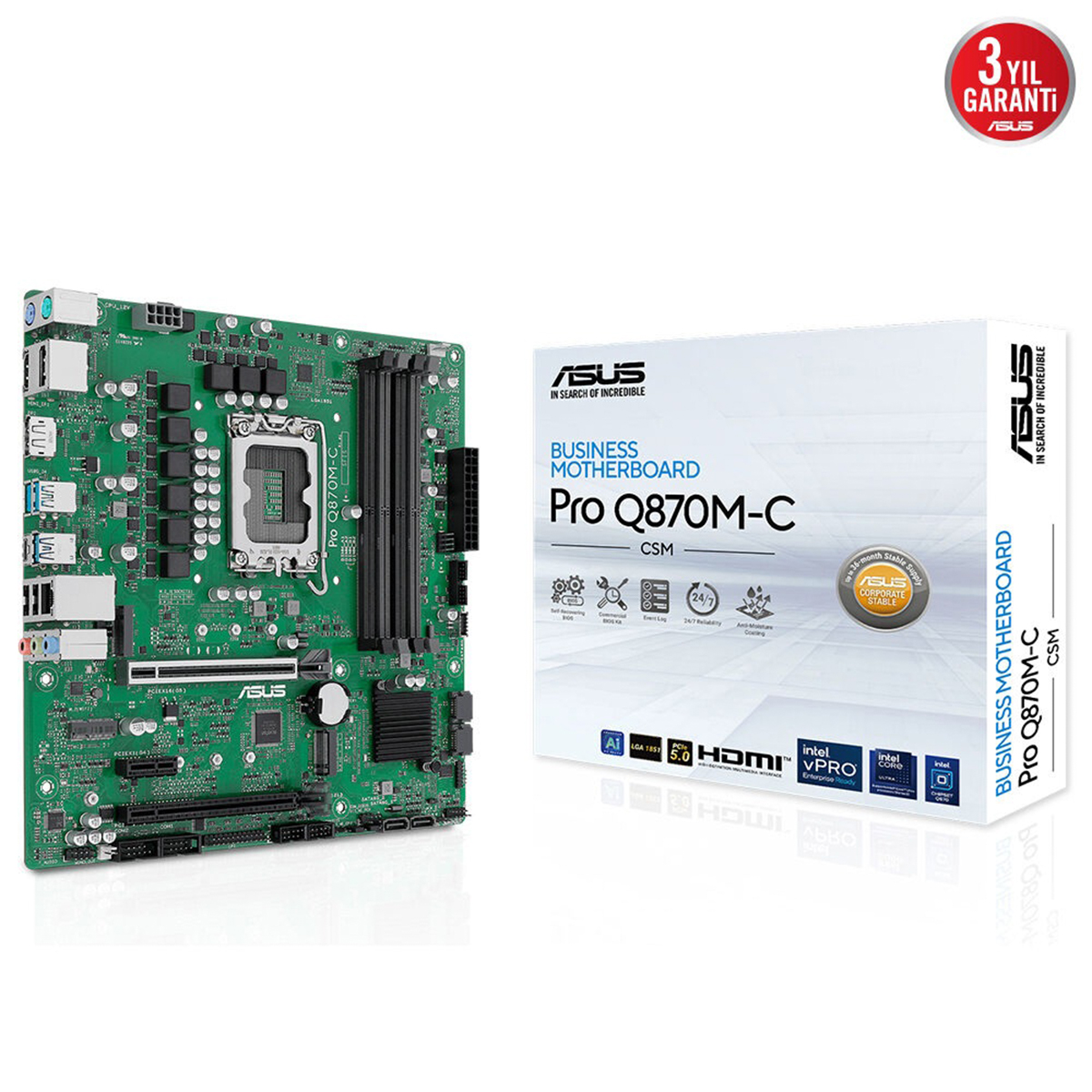 ASUS PRO H810M C CSM Intel H810 LGA1851 DDR5 6400 DP HDMI VGA DVI Çift M2 USB3 2 COM mATX 6+1+1+1 Güç Aşamaları Uzaktan Yönetim Yazılımı Ready for Advanced AI PC