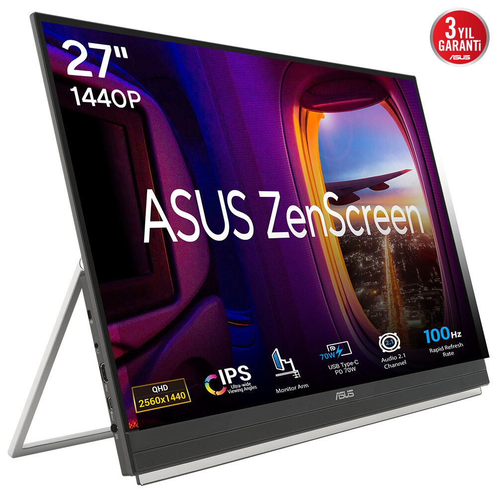 ASUS ZenScreen MB27ACF 27 inc QHD (2560 x 1440), IPS teknolojisi, 100Hz, USB-C PD Taşınabilir Monitör