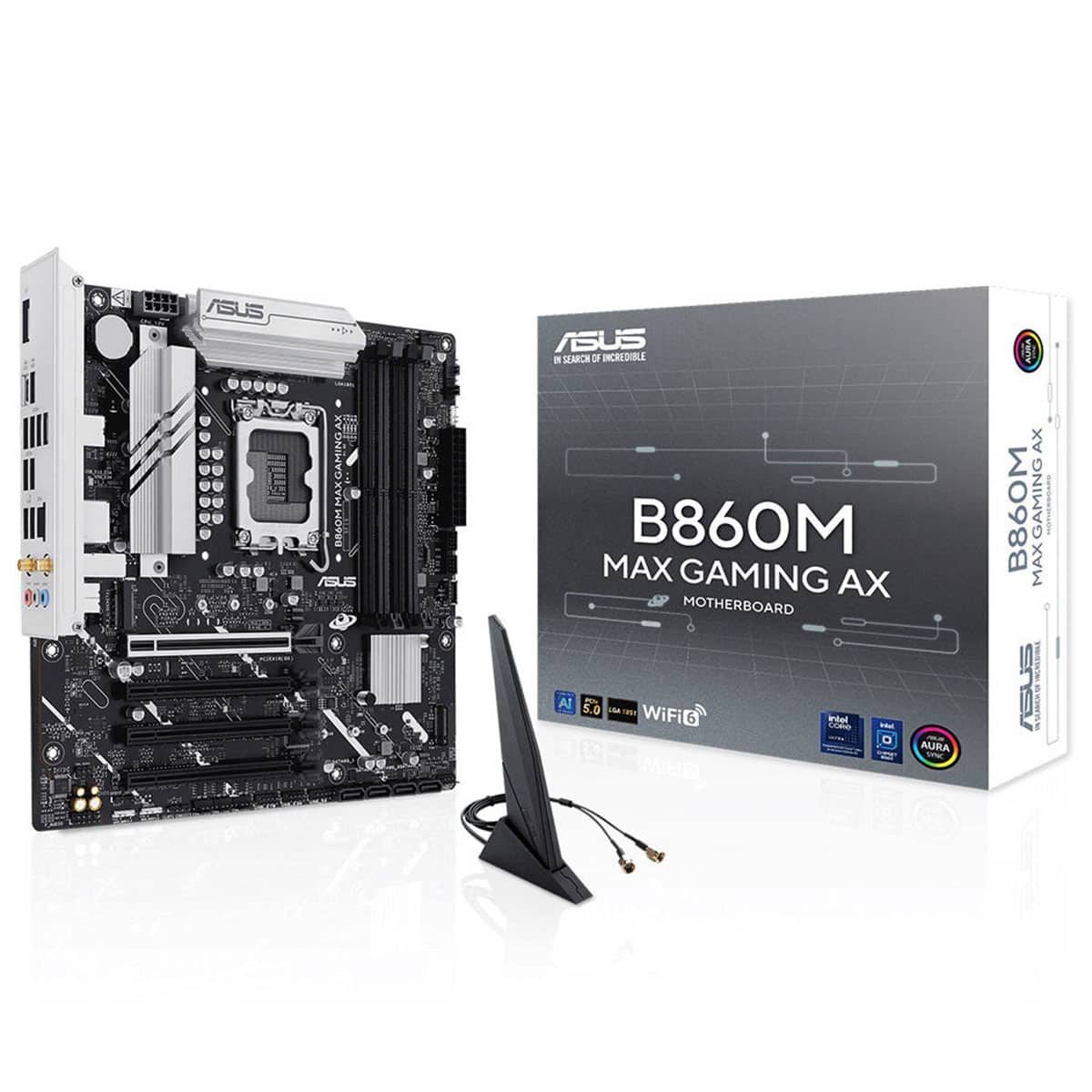 ASUS B860M MAX GAMING AX Intel B860 LGA1851 DDR5 8666 DP 3x M2 USB3.2 Gen 2x2 WiFi 6 + BT AURA RGB 2.5Gbit LAN mATX 6+1+1+1 Güç Aşamaları, 1xGen5 M.2, Ready for Advanced AI PC