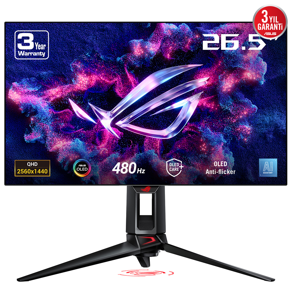 ASUS ROG SWIFT PG27AQDP 26.5 OLED GAMING 2K FREESYNC PREMIUM 2560x1440 0.03ms 480hz DP HDMI USB VESA 3YIL HDR 400 GERÇEK SİYAH DCI-P3 10BIT MONITOR