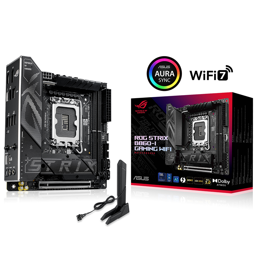 ASUS ROG STRIX B860I GAMING WIFI Intel B860 LGA1851 DDR5 8800 DP HDMI USB4 Çift M2 USB3.2 Gen 2x2 WiFi 7 + BT AURA RGB 2 5Gbit LAN Mini ITX 10+1+2+1 Güç Aşamaları 1xGen5 M2 ASUS AI Advisor Thunderbolt 4