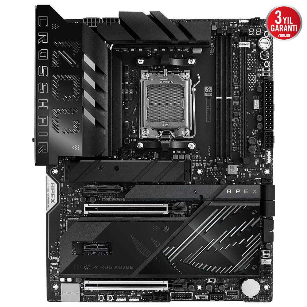 ASUS MB ROG CROSSHAIR X870E APEX AMD X870 AM5 DDR5 9600 2xUSB4 5x M2 USB3.2 WiFi 7 + BT AURA RGB 5Gbit LAN ATX 18+2+2 Güç Aşamaları, Çift USB4, 4xM.2 slot, ROG Memory Fan Kit