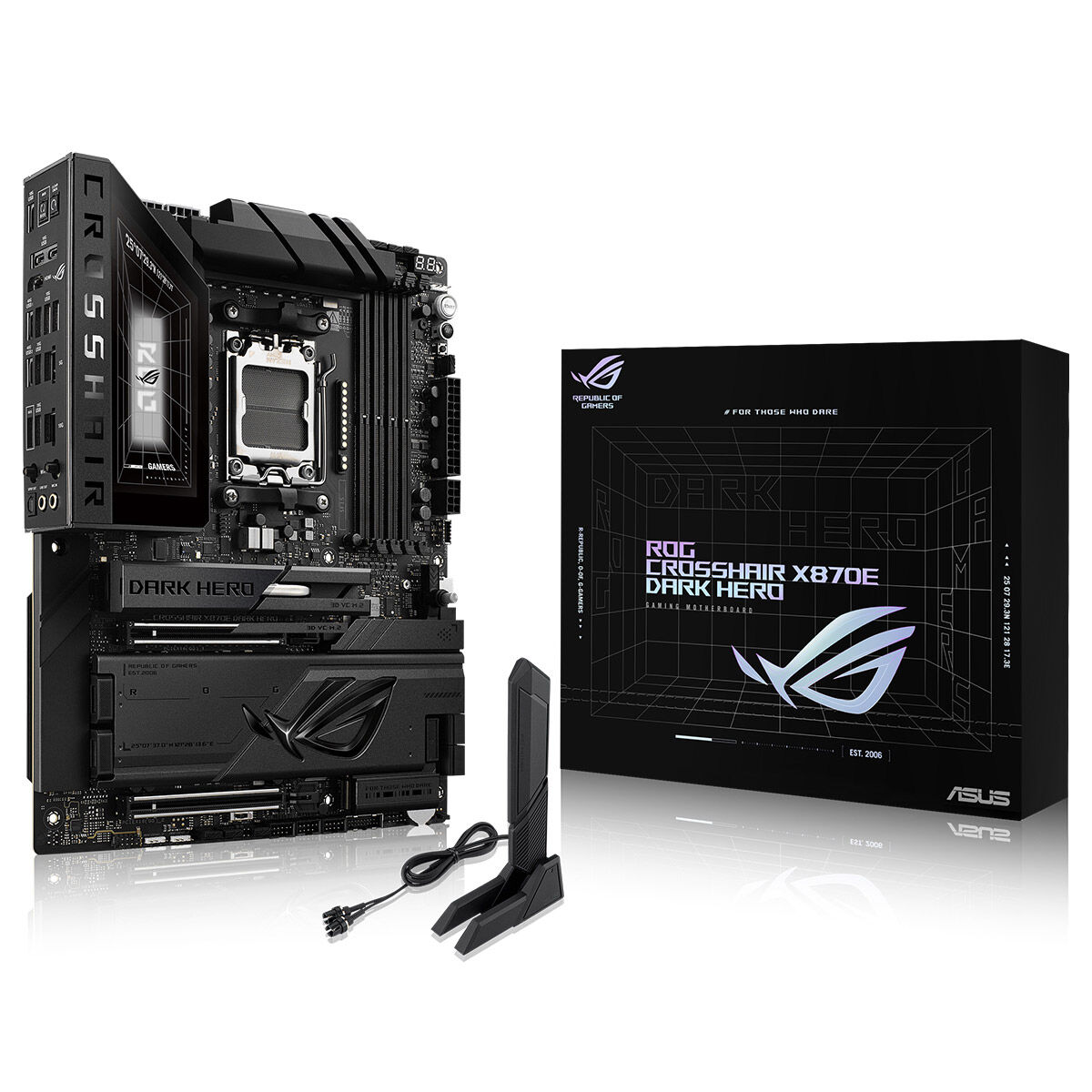 ASUS ROG CROSSHAIR X870E DARK HERO AMD X870E AM5 DDR5 9600 HDMI 2xUSB4 5x M2 USB3.2 WiFi 7 + BT AURA RGB 10Gbit + 5Gbit LAN ATX 20+2+2 Güç Aşamaları, Çift USB4, 5xM.2 slot, Wi-Fi 7, AI Overclocking