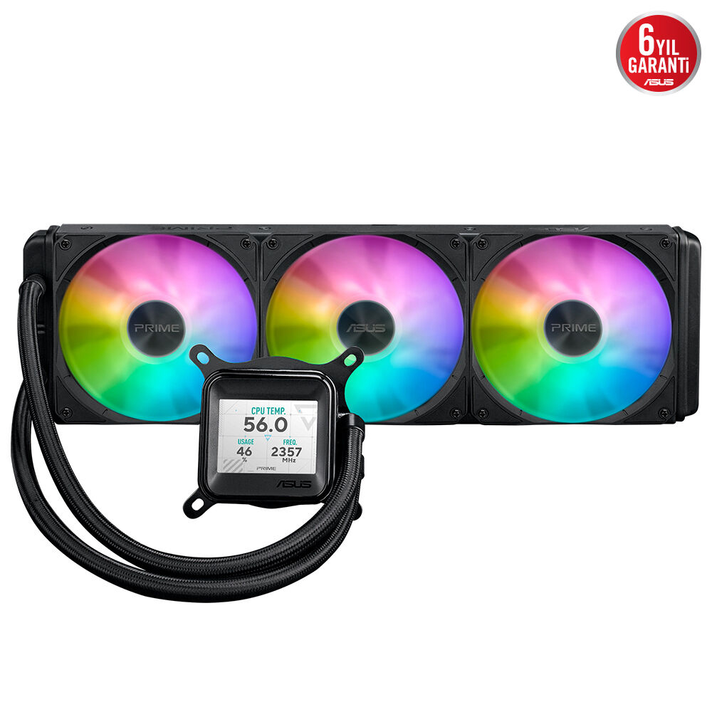 ASUS PRIME LC 360 ARGB LCD LCD ALL-IN-ONE CPU SIVI SOĞUTUCU, KESKİN EKRANLA CPU VE GPU BİLGİLERİ, YÜKSEK PERFORMANSLI ASETEK POMPA, DİZİ-ZİNCİR FANLAR