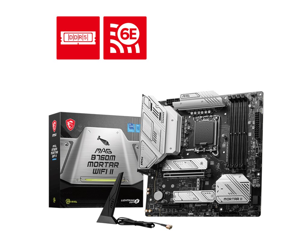 MSI MAG B760M MORTAR WIFI II SOKET 1700 DDR5 7800(OC) PCI-E GEN5 M.2 USB3.2 HDMIDP 1X 2.5G LAN WI-FI 6E MATX