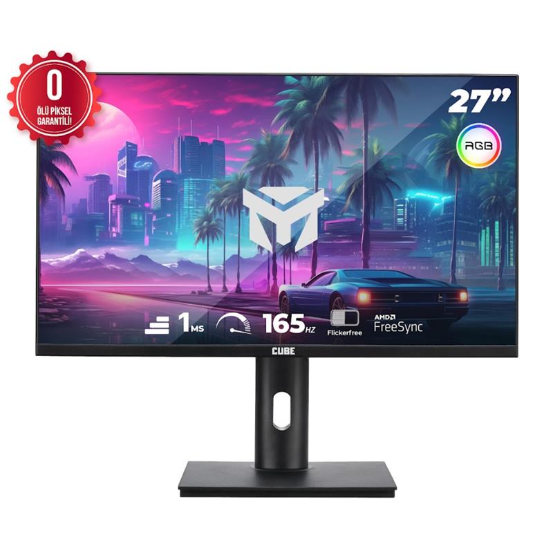 CUBE 27 inc PA-27V165F VA 1MS 165HZ 2XHDMI 2XDP 2K QHD 2560X1440 FREESYNC YUKSEKLIK AYARI VESA PIVOT RGB Siyah Gaming Monitör