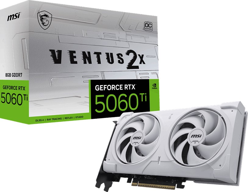 MSI VGA GEFORCE RTX 5060 TI 8G VENTUS 2X OC WHITE PLUS RTX5060TI 8GB GDDR7 128B DX12 PCIE 5.0 X16 (3XDP 1XHDMI)