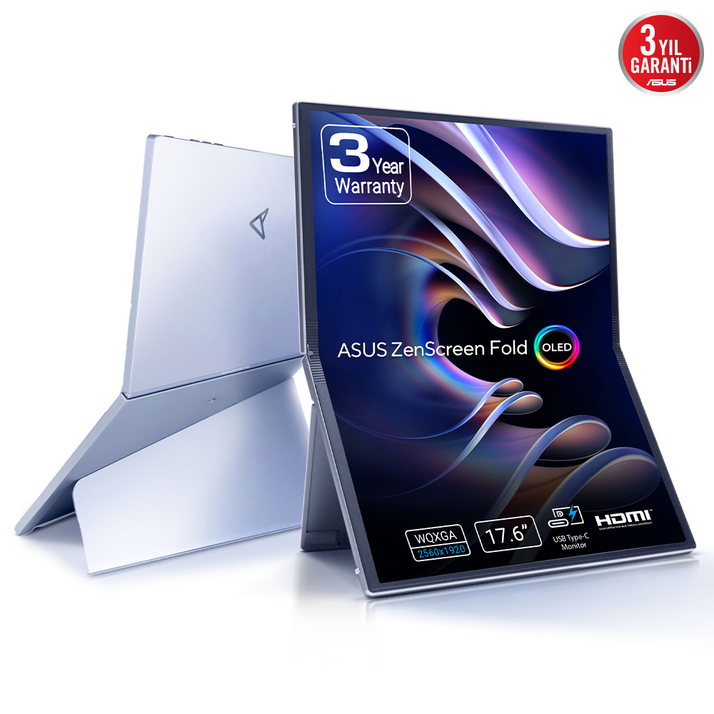ASUS ZenScreen MQ17QH 17.3 OLED 2560x1920 0.2ms 60Hz 350cd Mini-HDMI USB-C 3YIL Damla Menteşe ile Katlanabilir Teknoloji DisplayHDR 500 True Black %100 DCI-P3 Çift USB Type-C® mini-HDMI® Kulaklık Jakı Tripot Deliği Katlanabilir Stant FSC