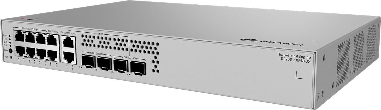 HUAWEI S220S 10PN4JX S220S 10PN4JX(8 10 100 1000BASE T PORTS (6 POE ) 2 10 100 1000 2 5GBASE T PORTS (POE ) 2 10GE SFP PORTS 2 2 5GE SFP PORTS 128 W POE BUILT IN AC POWER FANLESS)