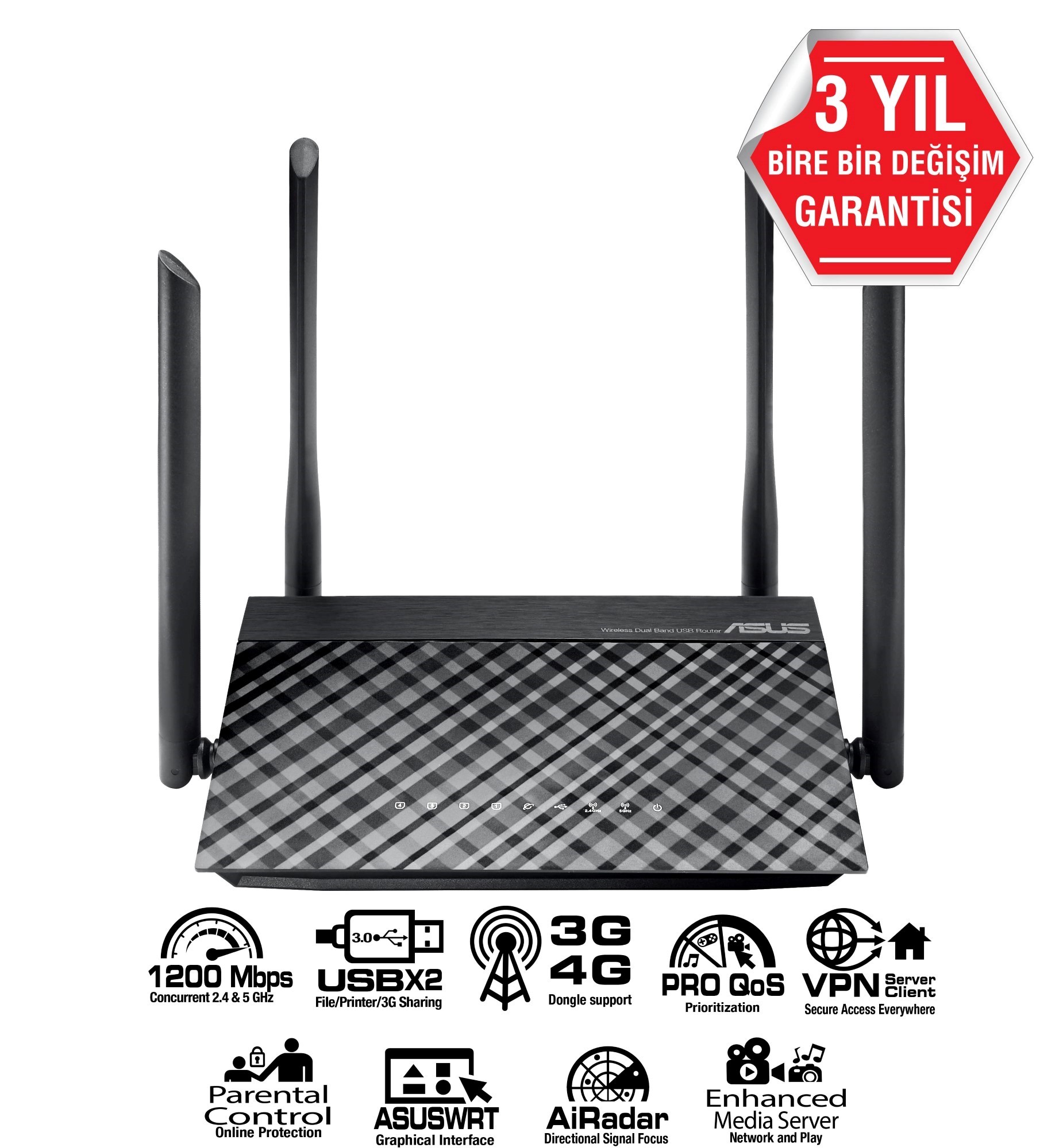 ASUS RT-AC1200 ROUTER AC1200 WİFİ5 DUAL-BAND