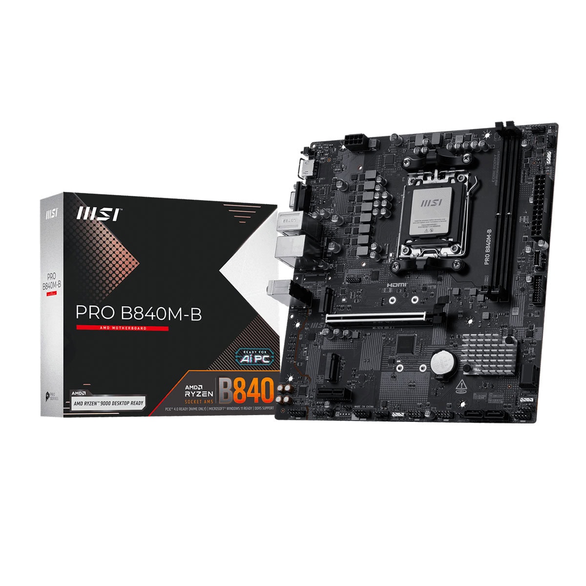 MSI PRO B840M-B DDR5 8000MT/S 1XHDMI 2XM.2 USB-C AM5 MATX (AMD AM5 9000/8000/7000 SERİLERİ İLE UYUMLU)