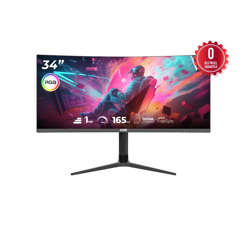 CUBE 34 inc PA-34V165C VA 1MS 165HZ HDMI DP TYPE-C USB 2K WQHD 3440X1440 FREESYNC CURVED YUKSEKLIK AYARI VESA RGB Siyah Gaming Monitör
