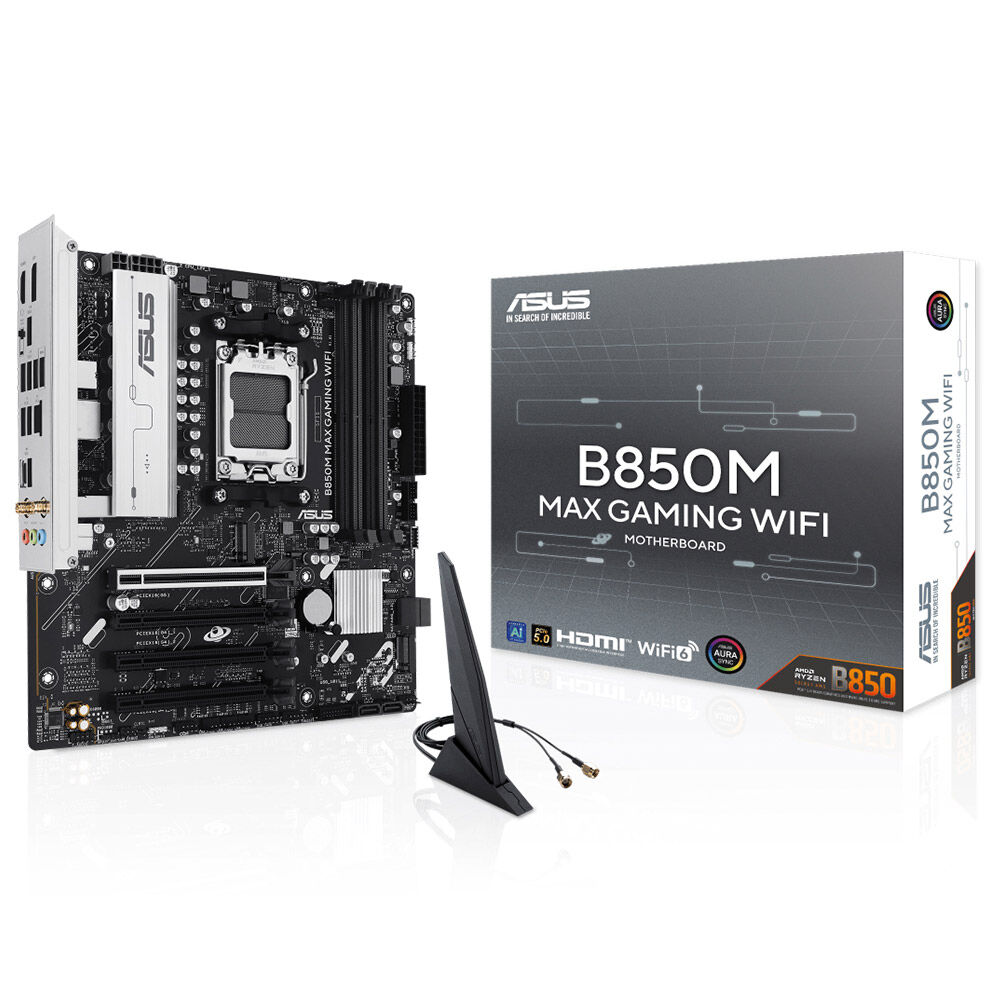 ASUS MB B850M MAX GAMING WIFI AMD B850 AM5 DDR5 8000 DP HDMI 3x M2 USB3.2 WiFi 6 + BT AURA RGB mATX 256GBa kadar ram desteği, 8+2+1 Güç Aşamaları, 1xGen5 M.2, Advanced AI PC-Ready