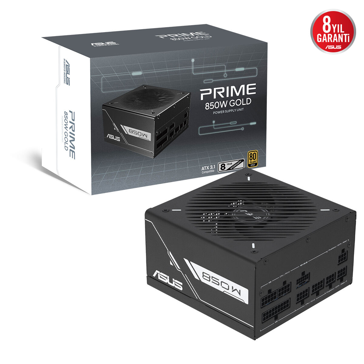 ASUS PRIME 850W GOLD PSU FULL MODÜLER 80 PLUS GOLD ATX 3.1 PCIE 5.1 12V-2X6 KABLO ÇİFT BİLYALI FAN 8 YIL GARANTİ