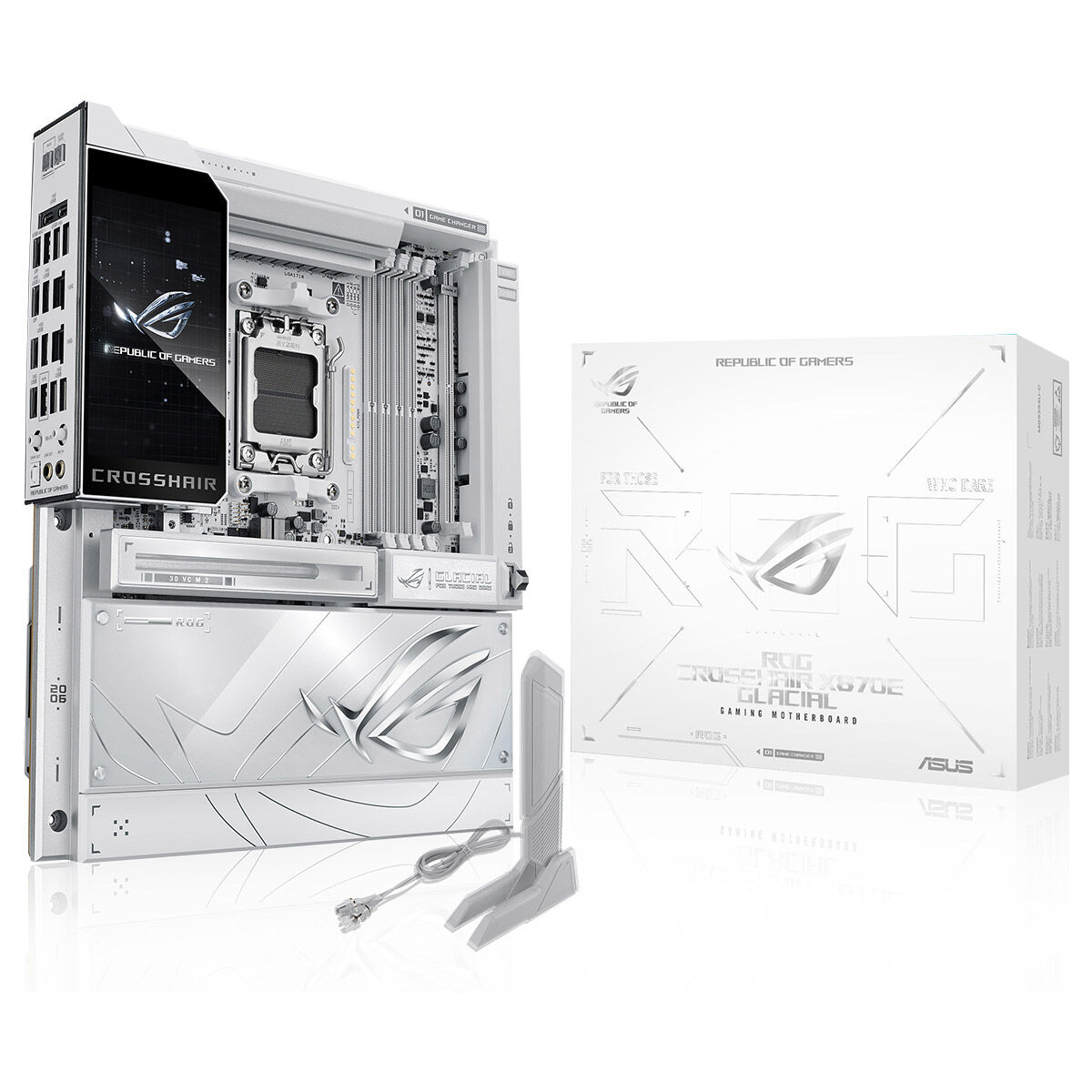 ASUS ROG CROSSHAIR X870E GLACIAL AMD X870E AM5 DDR5 9200 2xUSB4 7x M2 USB3.2 WiFi 7 + BT AURA RGB 2 x 10Gbit LAN EATX 24+2+2 Güç Aşamaları, USB 20Gbps PD/QC4+ ile 60W a kadar USB Çıkışı, ROG Hyper M.2 Kart, ROG Q-DIMM.2