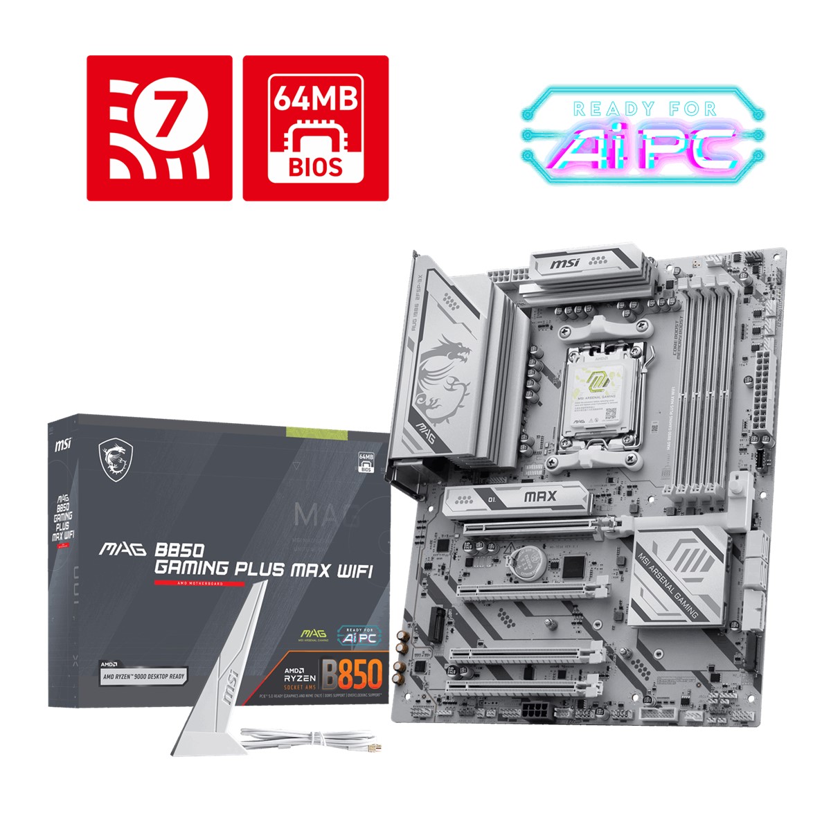 MSI MB MAG B850 GAMING PLUS MAX WIFI AM5 DDR5 8200MHZ(OC) DP 3x M.2 USB 10Gbs 5G LAN WI-FI 7 ATX