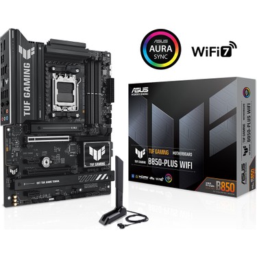 ASUS TUF GAMING B850-E WIFI AMD B850 AM5 DDR5 8000 DP HDMI 3x M2 USB3.2 WiFi 6E + BT AURA RGB 2.5Gbit LAN ATX 256GBa kadar ram desteği, 8+2+1 Güç Aşamaları, 1xGen5 M.2, Advanced AI PC-Ready