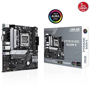 ASUS MB PRIME B650M-K AMD B650 AM5 DDR5 6400 DP VGA 2x M2 USB3.2 AURA RGB 2.5Gbit LAN mATX 96GB�a KADAR RAM DESTEGI ASUS 5X PROTECTION III