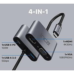 INCA ITPC-06T TYPE-C HUB X4 HDMI 4K 30 Hz+ VGA+ USB 3.0+PD 100W ALUMINYUM KASA �OKLAYICI