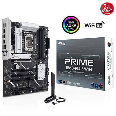 ASUS PRIME B860 PLUS WIFI Intel B860 LGA1851 DDR5 8200 DP HDMI 2x M2 USB32 Gen 2x2 WiFi 6E + BT AURA RGB 2.5Gbit LAN ATX 8+1+1 G�� A�amalar� 1xGen5 M.2 Ready for Advanced AI PC