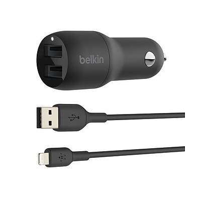 Belkin 24W  Hýzlý Araç Þarj Cihazý 2 Port USB Siyah+Apple Lightning Kablo