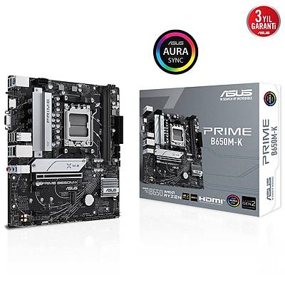 ASUS MB PRIME B650M-K AMD B650 AM5 DDR5 6400 DP VGA 2x M2 USB3.2 AURA RGB 2.5Gbit LAN mATX 96GBa KADAR RAM DESTEGI ASUS 5X PROTECTION III