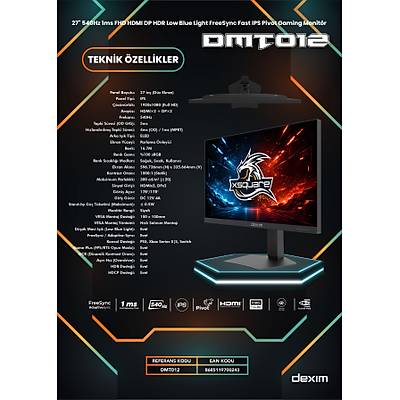 Dexim DMT012 27 inc 540Hz 1ms FHD HDMI DP HDR Low Blue Light FreeSync Fast IPS Pivot Gaming Monit�r