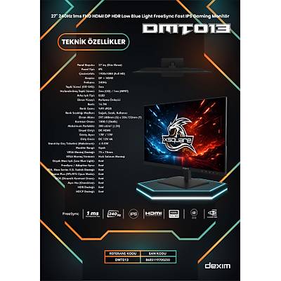 Dexim DMT013 27 inc 240Hz 1ms FHD HDMI DP HDR Low Blue Light FreeSync Fast IPS Gaming Monit�r