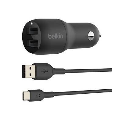 Belkin 24W Hýzlý Araç Þarj Cihazý 2 Port USB Siyah+Type-C kablo