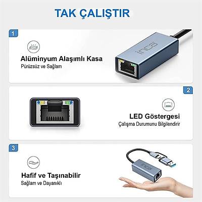 INCA IUTP-01T USB 3.0 TYPE-C 3.1 ETHERNET RJ45 1000MBPS ALUMINYUM KASA