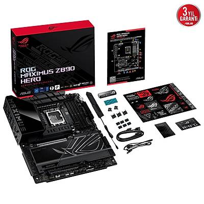 ASUS MB ROG MAXIMUS Z890 HERO INTEL Z890 LGA1851 DDR5 8800 HDMI 2XUSB4 6X M2 USB3.2 WIFI 7 + BT AURA RGB 5GBT + 2.5GBT LAN ATX 22+1+2+2 G AAMALARI THUNDERBOLT 4 NITROPATH DRAM TEKNOLOJS AI OVERCLOCKING