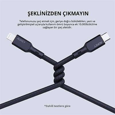 AUKEY CB-NCL1-BK NAYLON �RG�L� 3A 480MBPS TYPE-C LIGHTNING KABLOSU 1.8MT