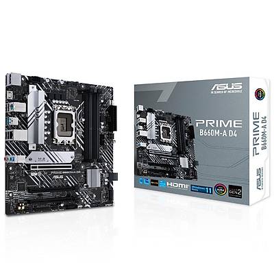 ASUS PRIME B660M-A D4 INTEL B660 LGA1700 DDR4 5333 DP HDMI FT M2 USB3.2 AURA RGB MATX 128GB KADAR RAM DESTE ASUS 5X PROTECTION III