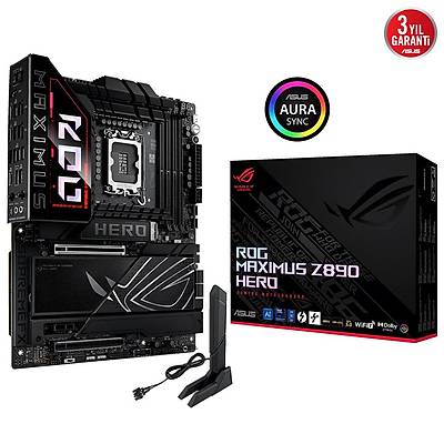 ASUS MB ROG MAXIMUS Z890 HERO INTEL Z890 LGA1851 DDR5 8800 HDMI 2XUSB4 6X M2 USB3.2 WIFI 7 + BT AURA RGB 5GBT + 2.5GBT LAN ATX 22+1+2+2 G AAMALARI THUNDERBOLT 4 NITROPATH DRAM TEKNOLOJS AI OVERCLOCKING