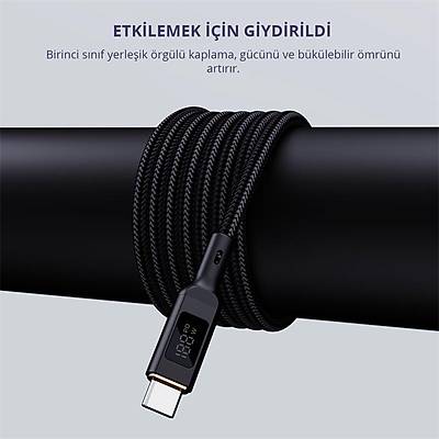 AUKEY CB-MCC102-BK 100W NAYLON �RG�L� 5A 480MBPS TYPE-C TYPE-C LCD EKRANLI KABLO 1.8MT