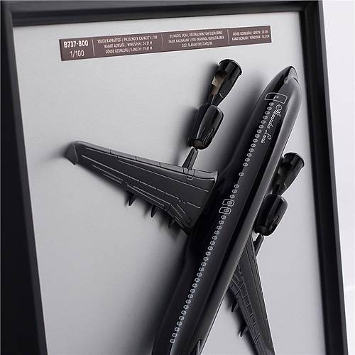 Boeing 737-800 1/100 �l�ek Siyah Renk 3 Boyutlu  �er�eveli U�ak Tablo