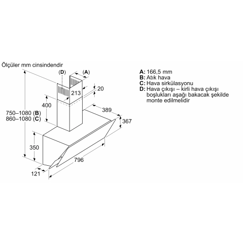Profilo DVK8J671 80 cm Platin gri cam yzey Davlumbaz