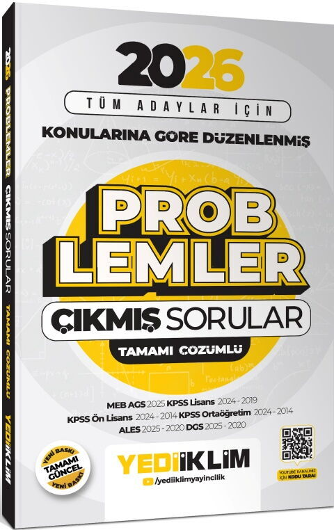 Yediiklim Yayınları 2026 Tüm Adaylar İçin Problemler Konularına Göre Düzenlenmiş Tamamı Çözümlü Çıkmış Sorular