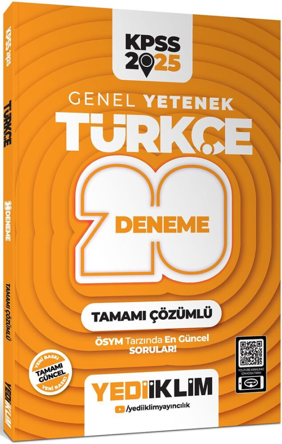 Yediiklim Yayınları 2025 KPSS Genel Yetenek Türkçe Tamamı Çözümlü 20 Deneme