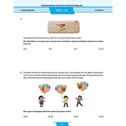7. S�n�f Zihin �al��t�ran E�lenceli Kanguru Matematik Sorular� Dikkat At�lyesi Yay�nlar�