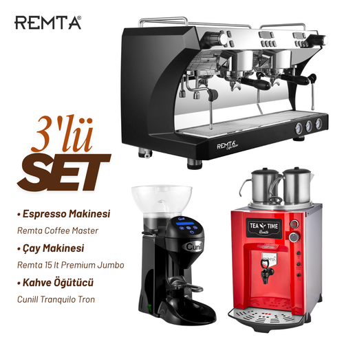 Remta 3'l� Set - Coffee Master Profesyonel Otomatik Espresso Kahve Makinesi + Premium Jumbo �ay Makinesi + Cunil Kahve ���t�c� - CRM3120C