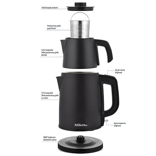Miletto Siyah 2000W Gizli Rezistansl� Otomatik �ay Makinesi 2,9 lt - MT20S