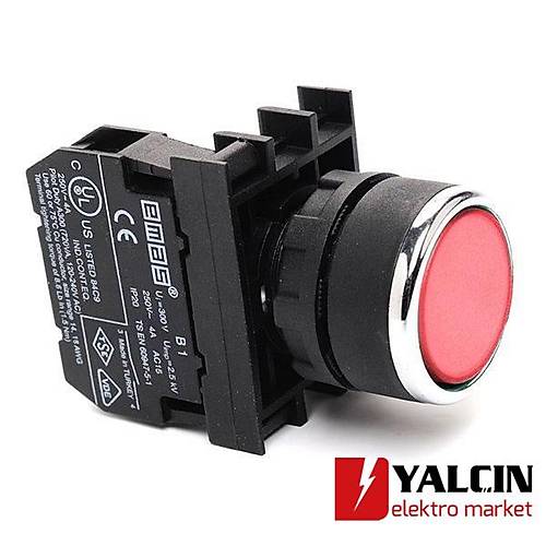Dz Kafal Yayl 22mm 50 IP Stop Kumanda Butonu Krmz NC B200DK 