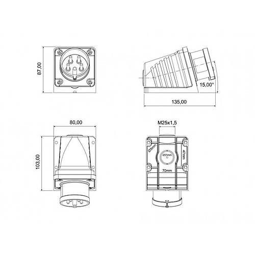 Bemis IP44 CEE Norm 5/16A 90 Derece Eik Duvar Fi 380V - 450V BC1-1505-2236